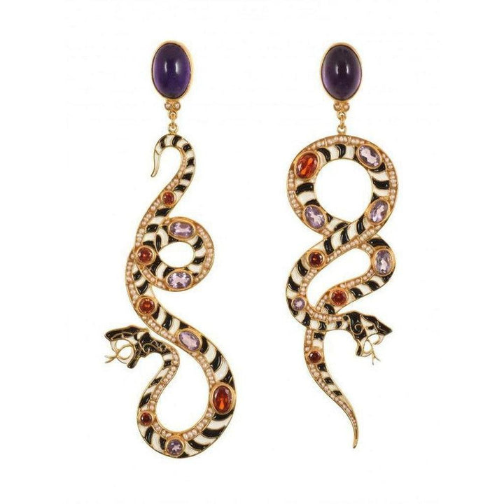 Gold snake earrings with black & white enamel, amethyst & garnet accents.