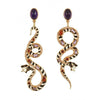 Gold snake earrings with black & white enamel, amethyst & garnet accents.