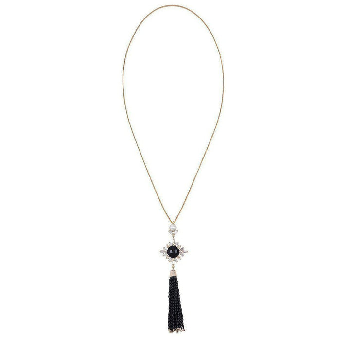 Black onyx and Pearl Tassel Necklace-Atelier Mon-Swag Designer Jewelry