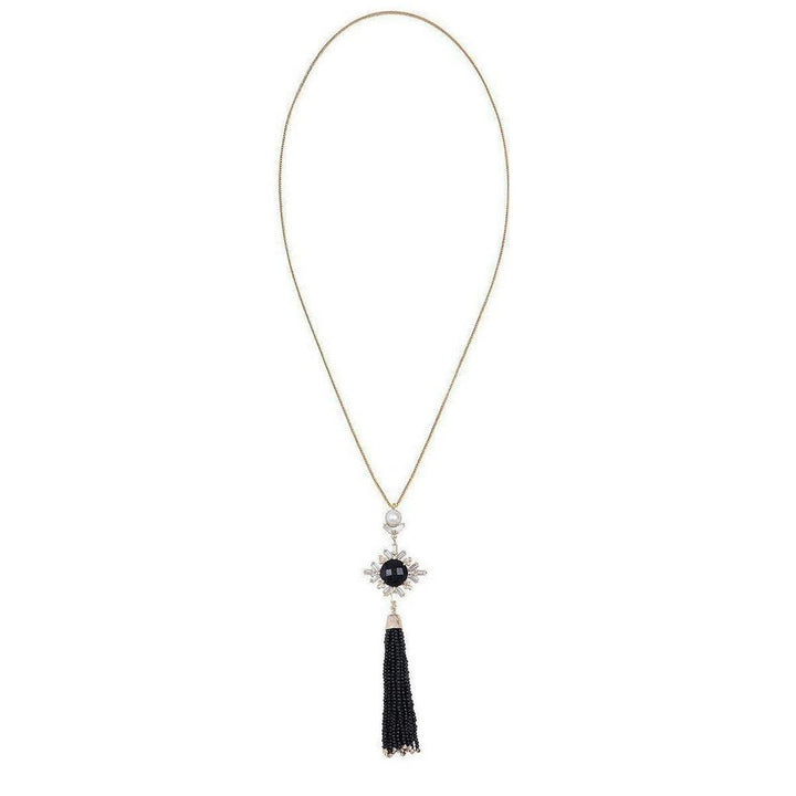 Elegant long black onyx and pearl tassel necklace with gold chain.