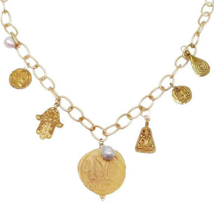 Blessings 22k gold charm necklace with hamsa, coin, and pearl accents.