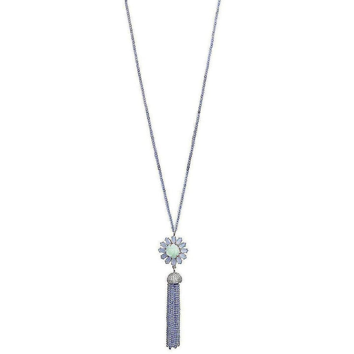 Long blue chalcedony beaded necklace with floral pendant and tassel charm.