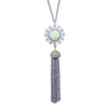 Blue Chalcedony Tassel Necklace with pale green floral charm & amethyst tassel