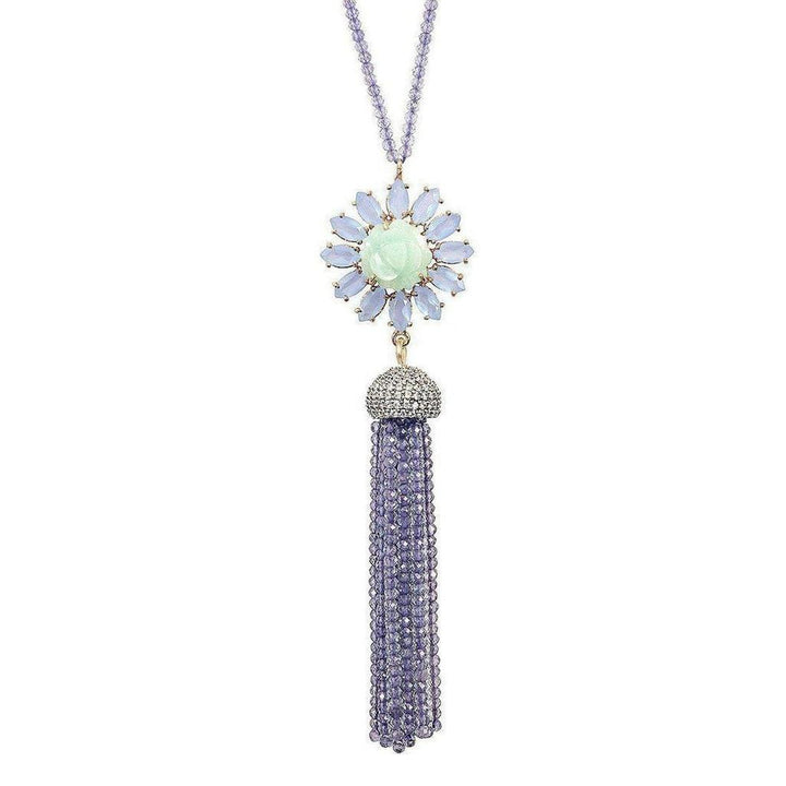 Blue Chalcedony Tassel Necklace with pale green floral charm & amethyst tassel