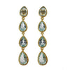 Elegant blue topaz drop earrings with three pear-shaped stones and gold settings.