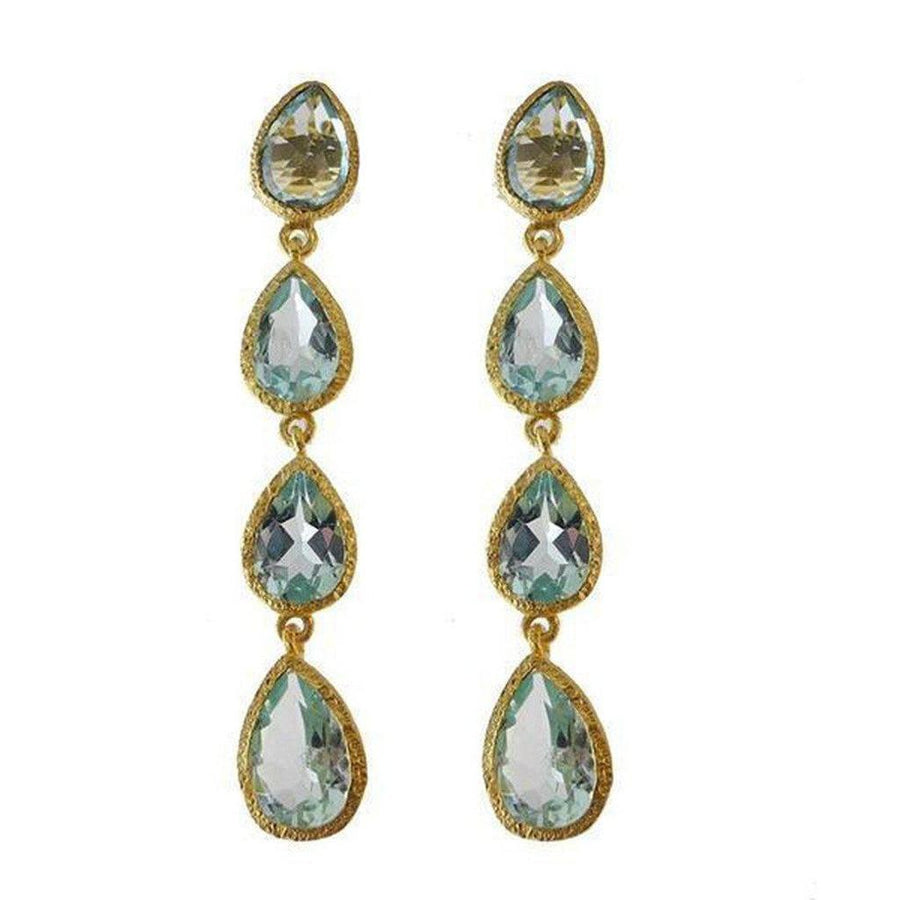 Elegant blue topaz drop earrings with three pear-shaped stones and gold settings.