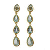 Elegant blue topaz drop earrings with three pear-shaped stones and gold settings.