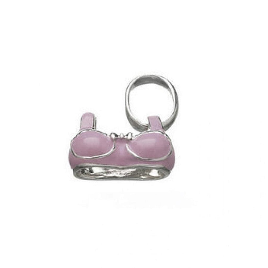 Silver charm featuring a pink bra; fun and flirty jewelry.