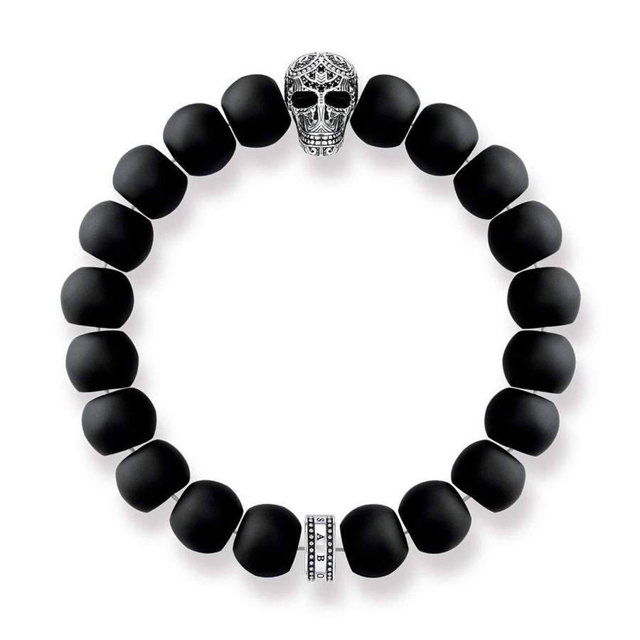 Black matte beaded bracelet with silver skull accent bead