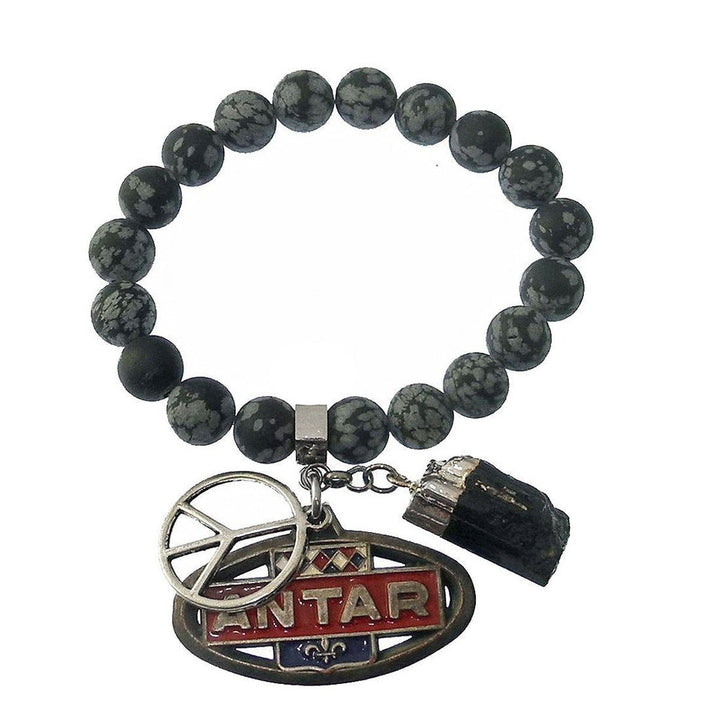 Snowflake obsidian bead bracelet with vintage Antar medallion charm & peace symbol