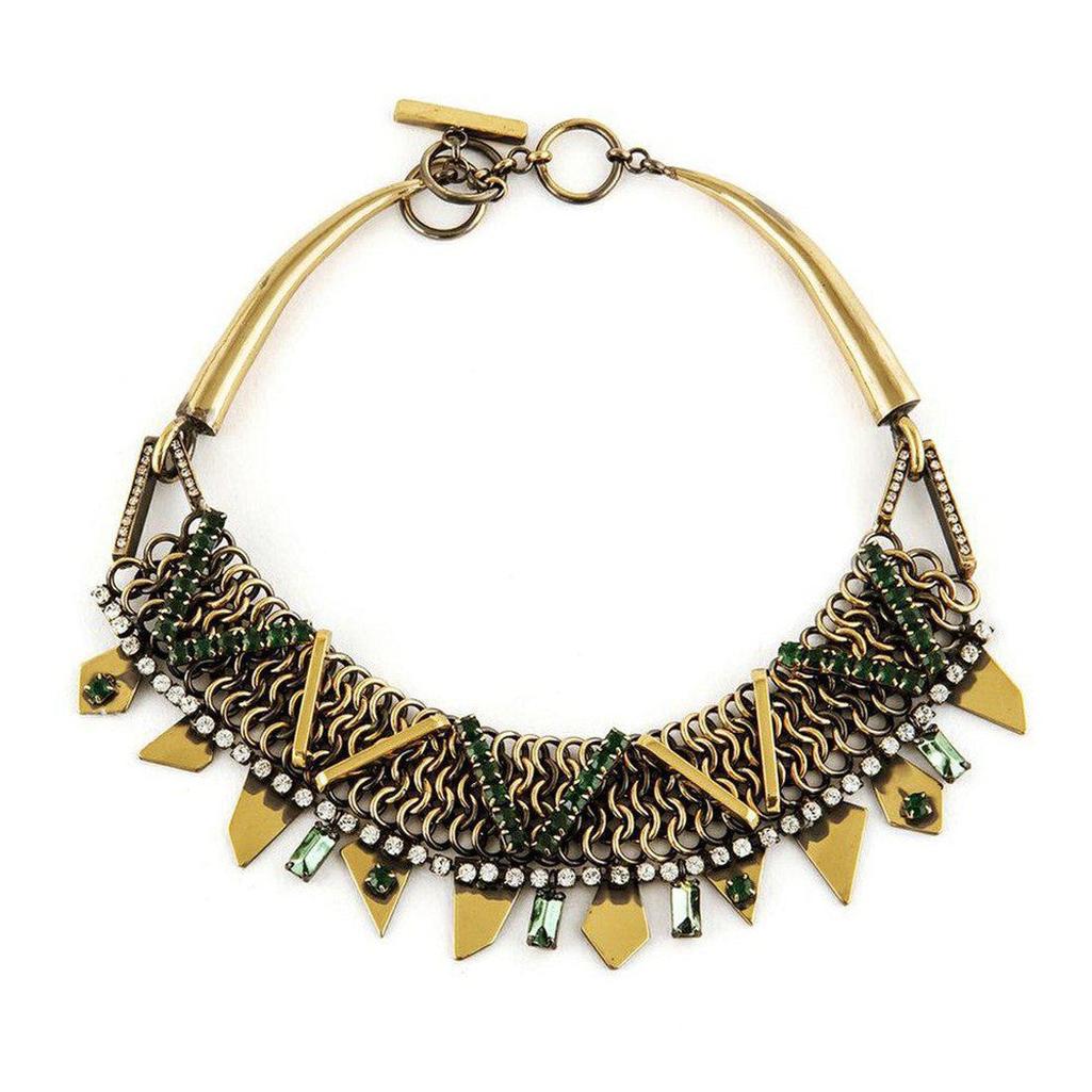 Brass necklace with green & clear rhinestones; geometric design.