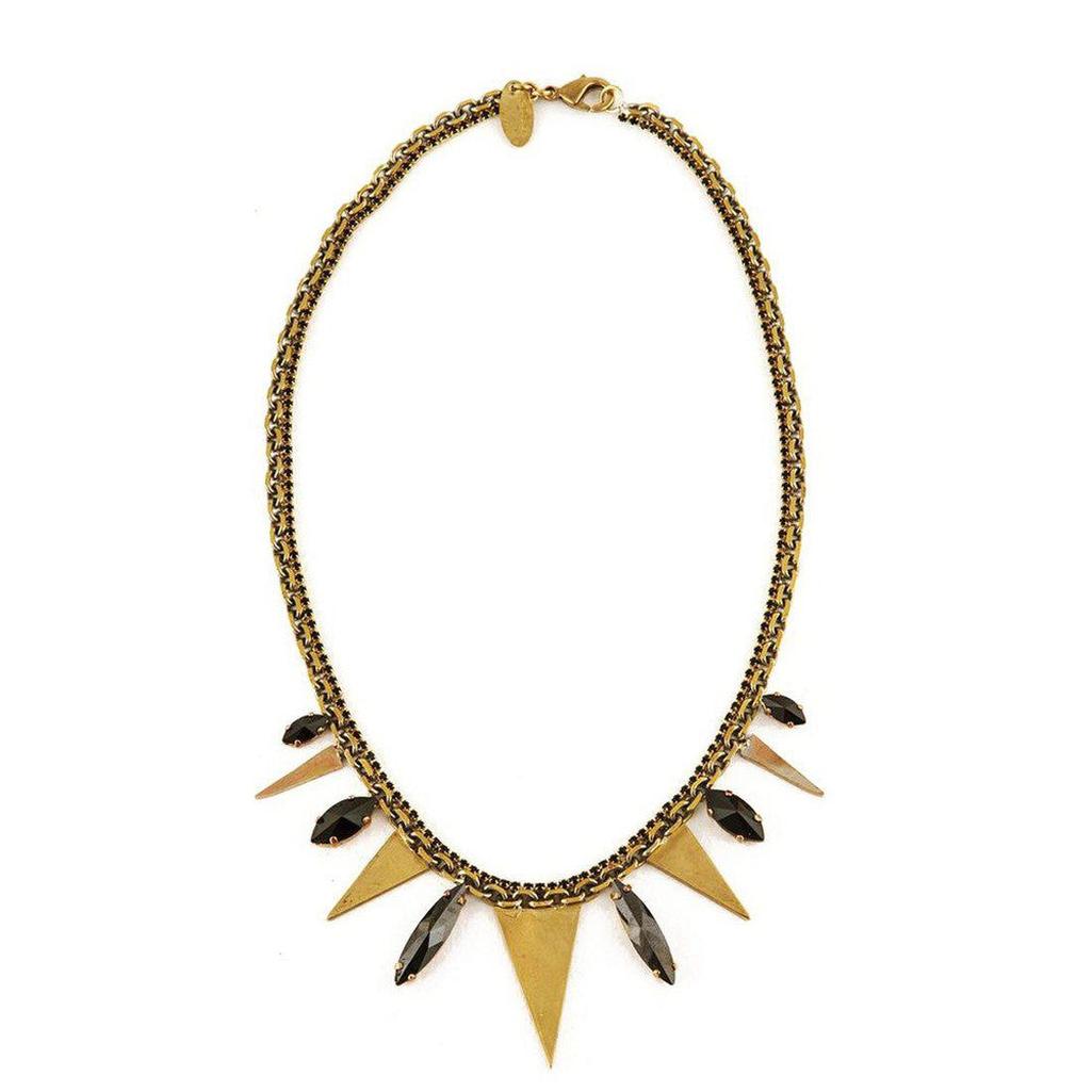 Gold chain necklace with black gemstone accents and triangular brass pendants.
