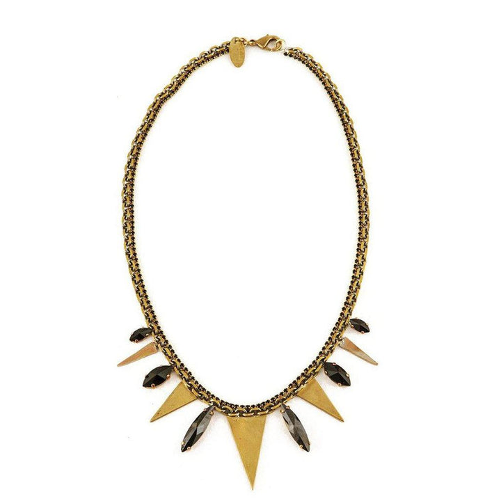 Gold chain necklace with black gemstone accents and triangular brass pendants.