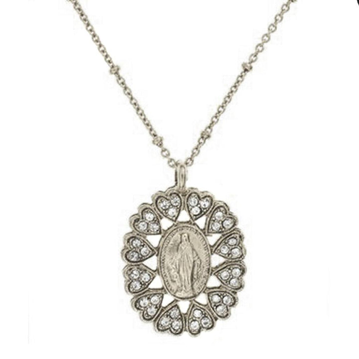 Silver necklace featuring a Virgin Mary pendant, surrounded by sparkling heart accents.