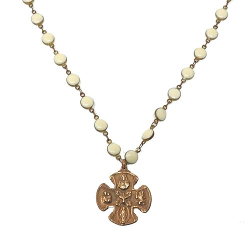 Bronze Cross on White Beads-Andrea Barnett-Swag Designer Jewelry