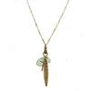 Bronze Feather & Cross necklace with gold chain & aquamarine accents.