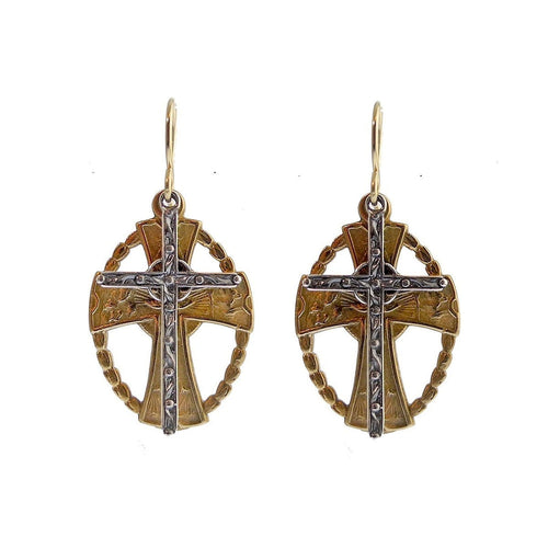 Bronze and Silver Cross Earrings-Andrea Barnett-Swag Designer Jewelry