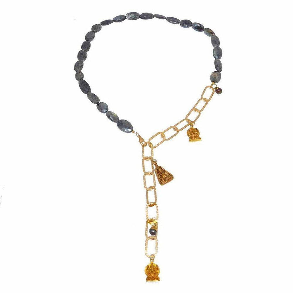 Labradorite gemstone necklace with gold chain and Buddha charms.