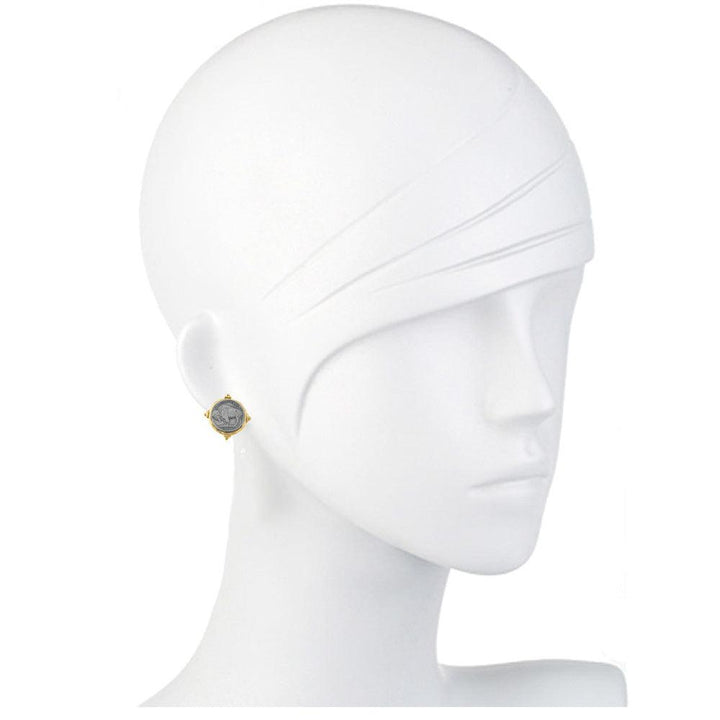 Gray buffalo coin stud earrings with gold accents, displayed on a mannequin.