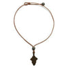 Byzantine Cross Tahitian Necklace: Brown leather cord, bronze cross pendant, black pearls.