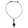 Byzantine Cross Tahitian Necklace: Brown leather cord, bronze cross pendant, black pearls.
