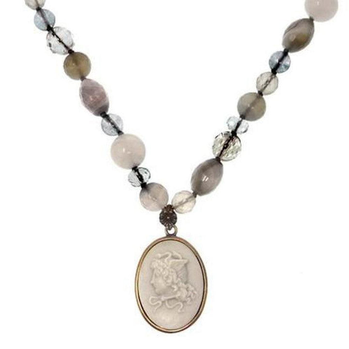 Cameo beaded necklace with gray and white stone accents and an oval cameo pendant.