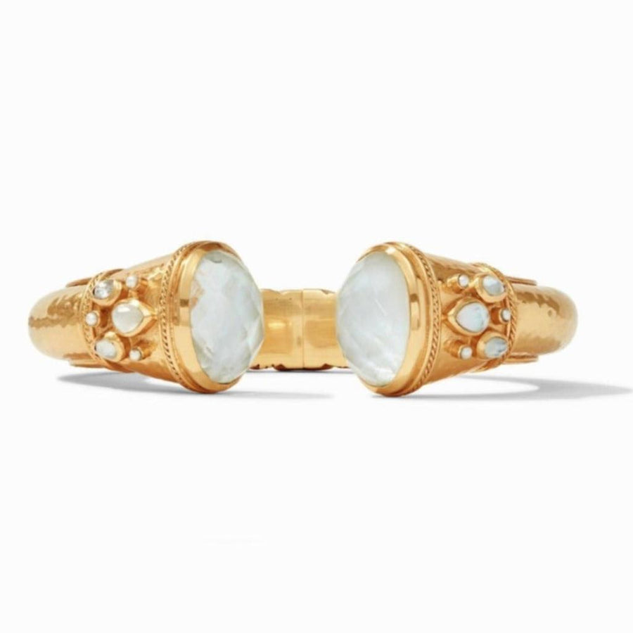 Gold Cannes Hinge Cuff bracelet with moonstone and pearl accents.
