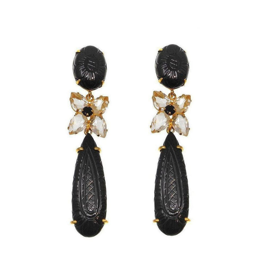 Carved black onyx & quartz drop earrings with gold accents
