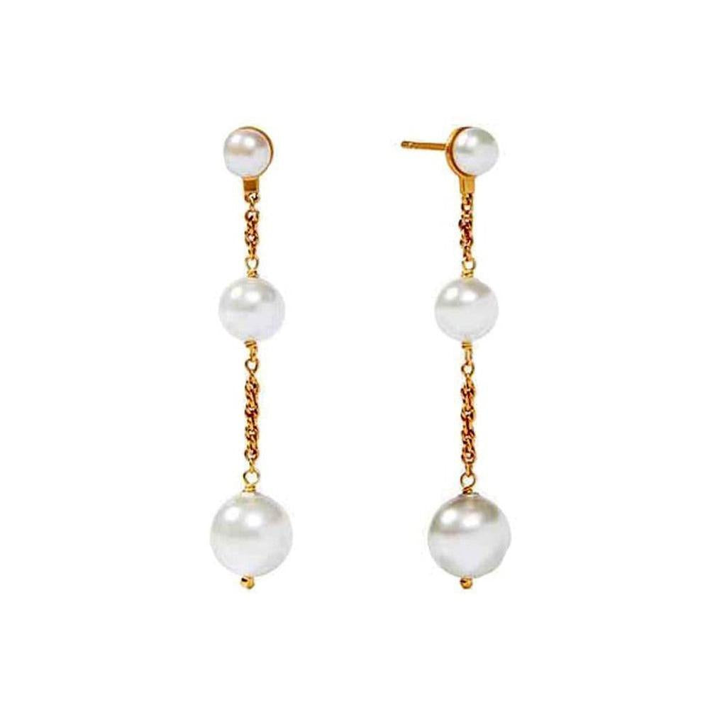 Cascade Pearl Earrings: Elegant gold chain drop earrings featuring three lustrous white pearls.