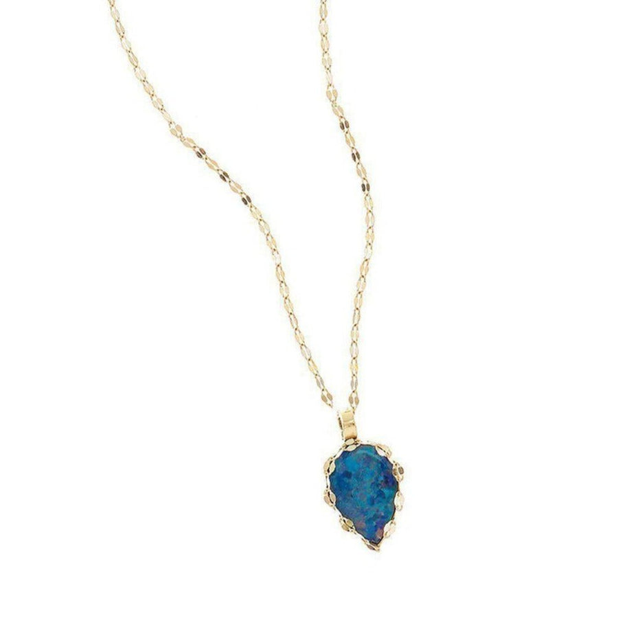Casino Charm Necklace with Opal: Gold chain, teardrop opal pendant.