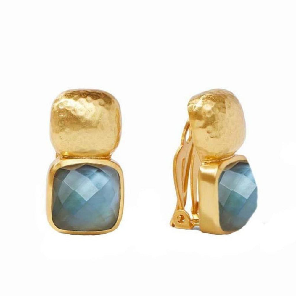 Gold clip-on earrings featuring blue gemstone and textured metal accents.