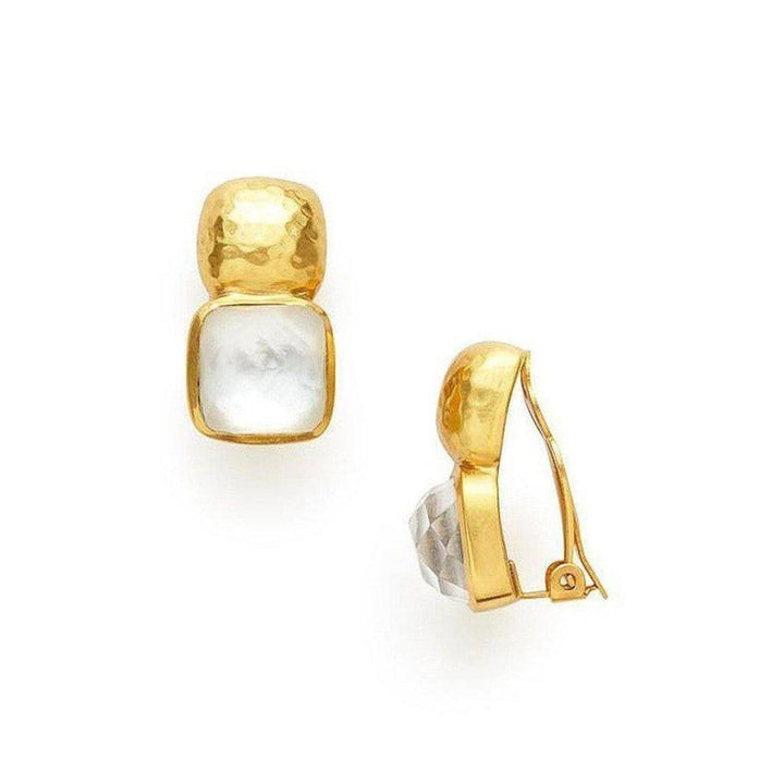 Gold clip-on earrings featuring square white stones and hammered gold accents.