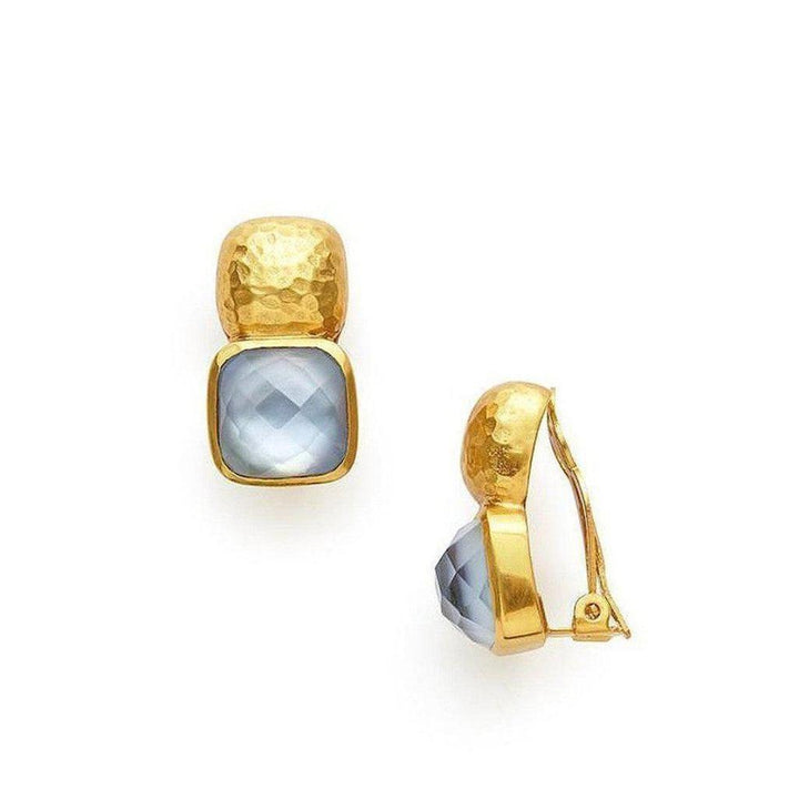 Gold clip earrings with light blue gemstone accents.