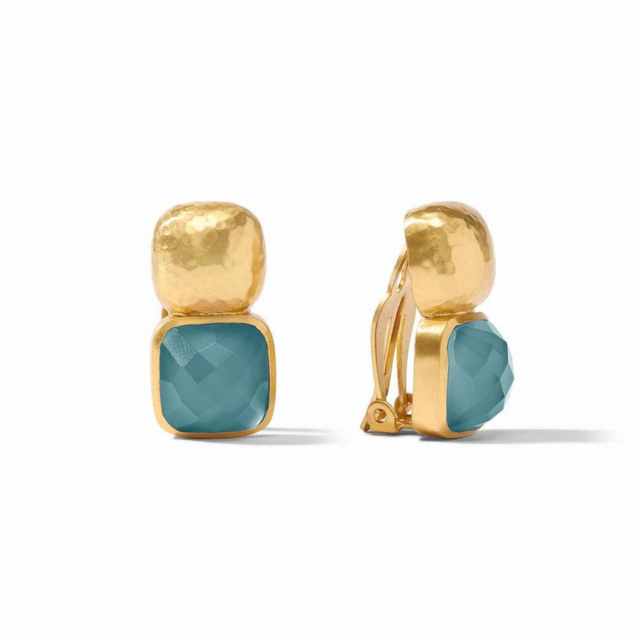 Catalina Clip Earrings: Gold hammered metal & teal chalcedony stone.