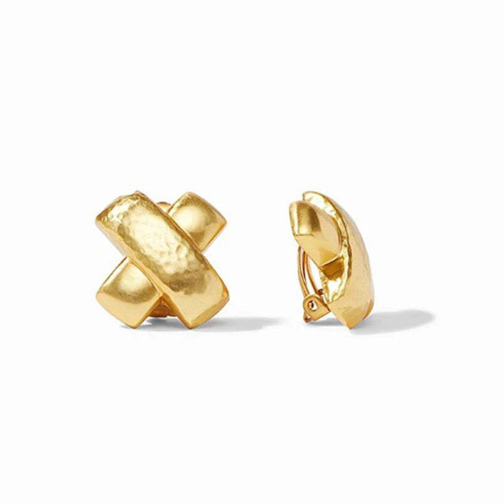 Catalina X Clip Earrings: Gold, hammered texture, clip-on design.