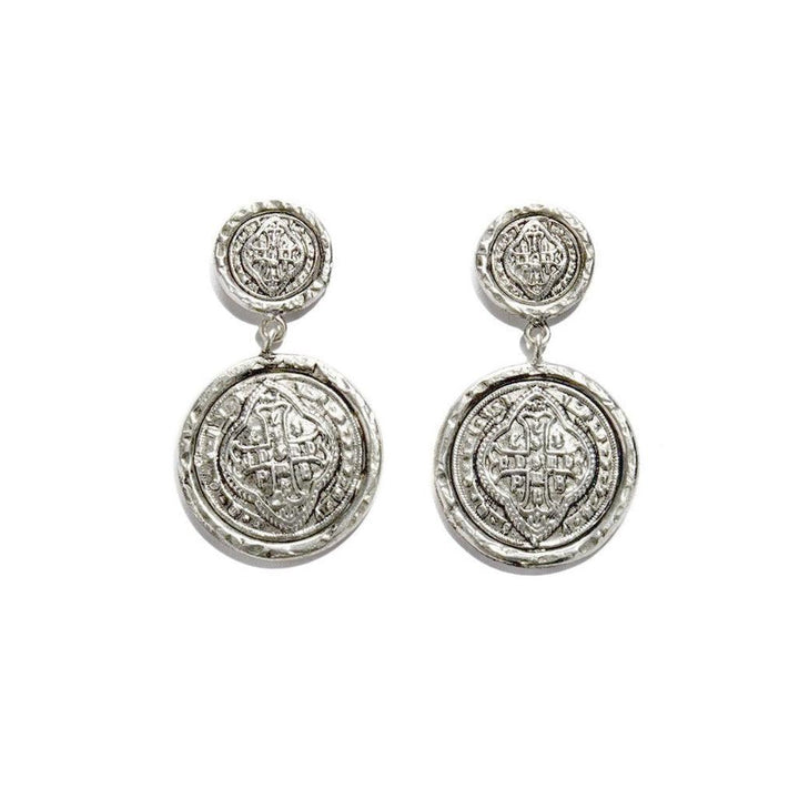 Cathedral Post Earrings-Sevilla: Silver-tone double coin drop earrings with embossed detailing.