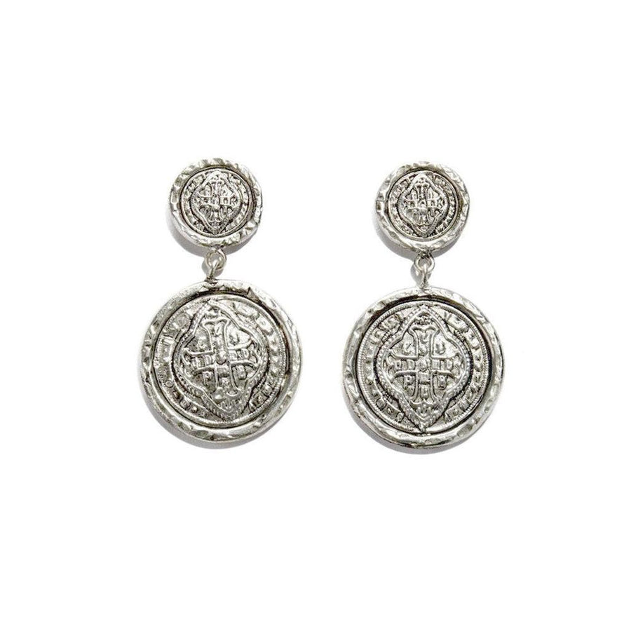 Cathedral Post Earrings-Sevilla: Silver-tone double coin drop earrings with embossed detailing.