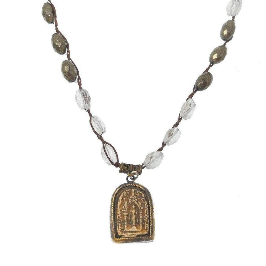 Celestial Shrine Necklace: Bronze pendant with etched detail, clear quartz & pyrite beads on brown cord.