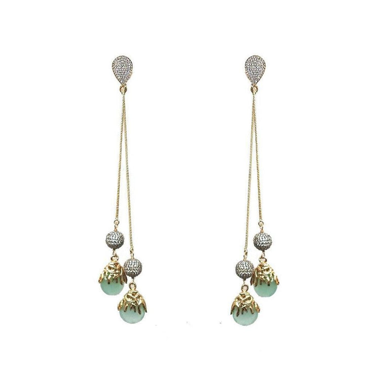 Elegant Chalcedony Drop Chandelier Earrings with gold chains and light green beads.