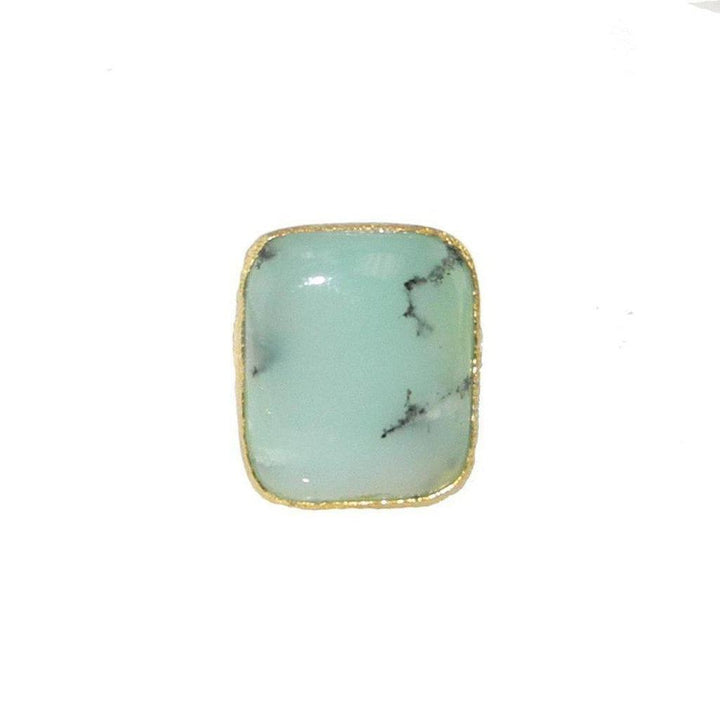 Rectangular chalcedony ring with gold setting, pale green stone with darker veining.