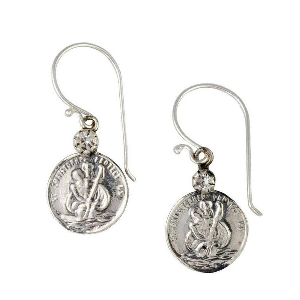 Silver St. Christopher medal earrings, featuring a faceted stone accent.