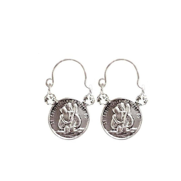 Silver hoop earrings featuring St. Christopher medallions and crystal accents.
