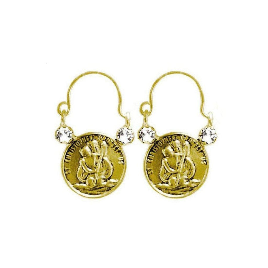 Gold Chariot hoop earrings with St. Christopher medallions and clear cubic zirconia accents.