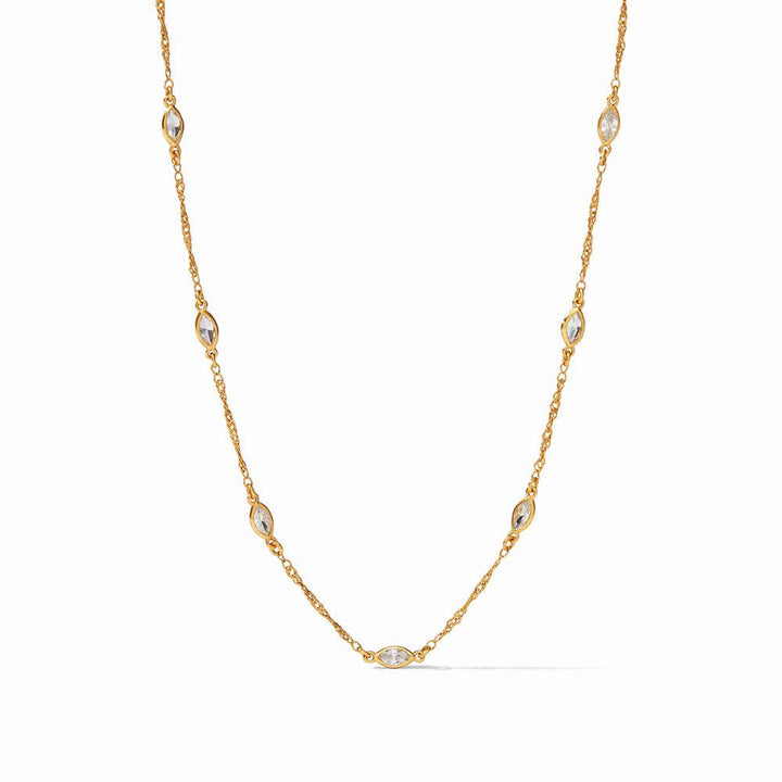 Gold Charlotte Delicate Station necklace with marquise-cut clear stones.