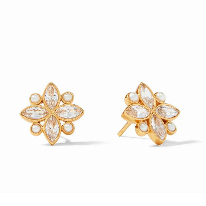 Gold Charlotte stud earrings with marquise-cut crystals & pearls
