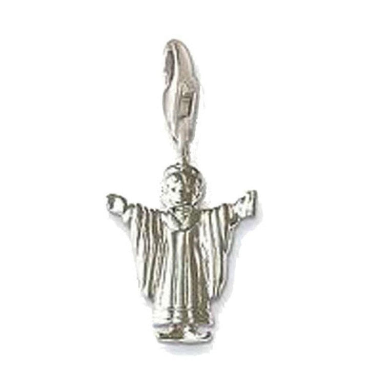 Charm 0165 Saint: Silver charm depicting a child in a robe, arms outstretched.