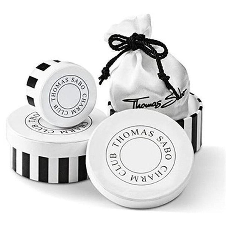 Elegant charm packaging; white boxes with black stripes & satin pouch.