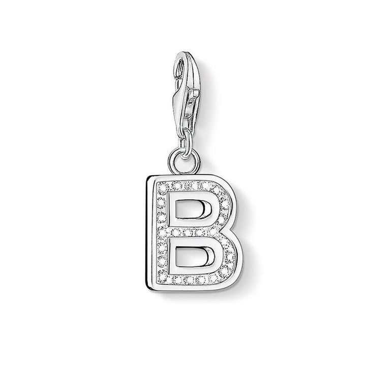 Charm 0224 Pave Letter B: Silver charm with sparkling cubic zirconia letter B.