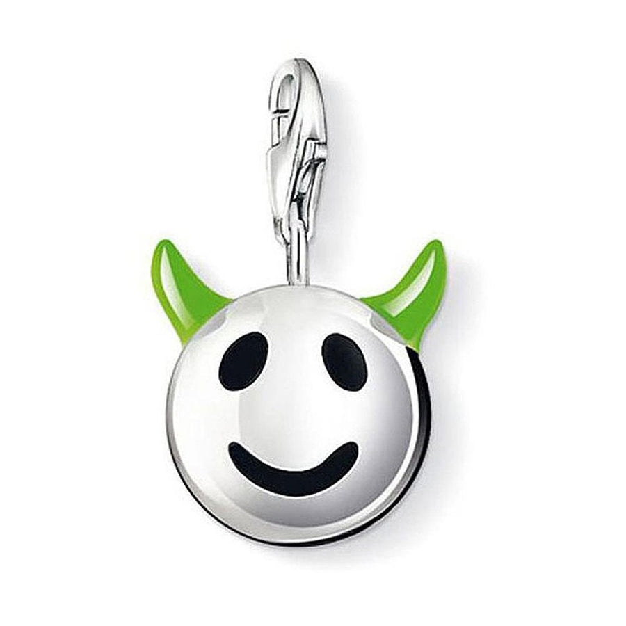 Silver smiley face charm with green horns, 0730 Funny Charm