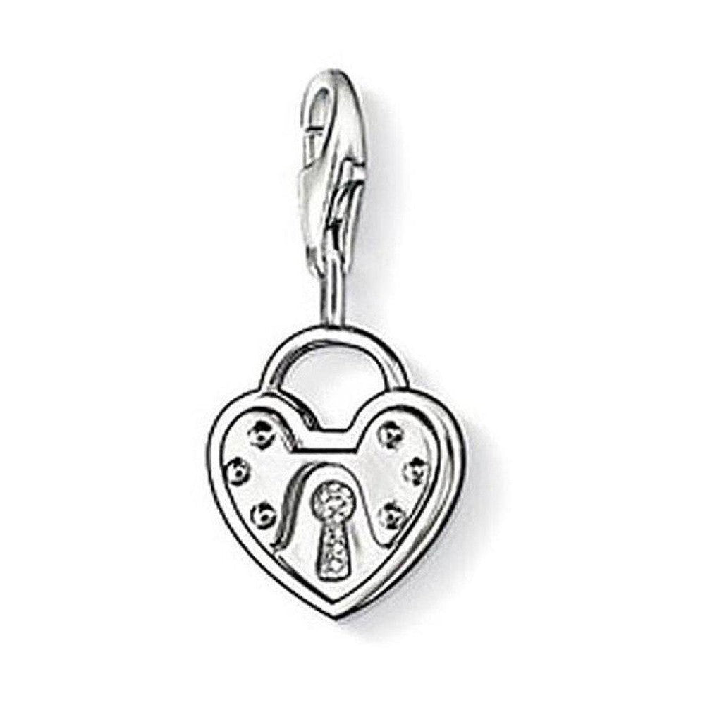 Silver heart-shaped padlock charm with clear cubic zirconia accents.
